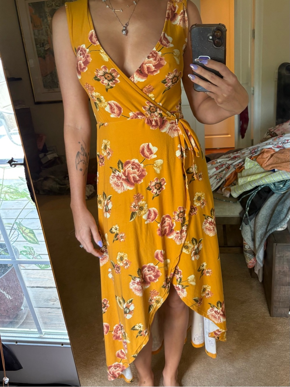 J for Justify Mustard Floral High-Low Wrap Dress